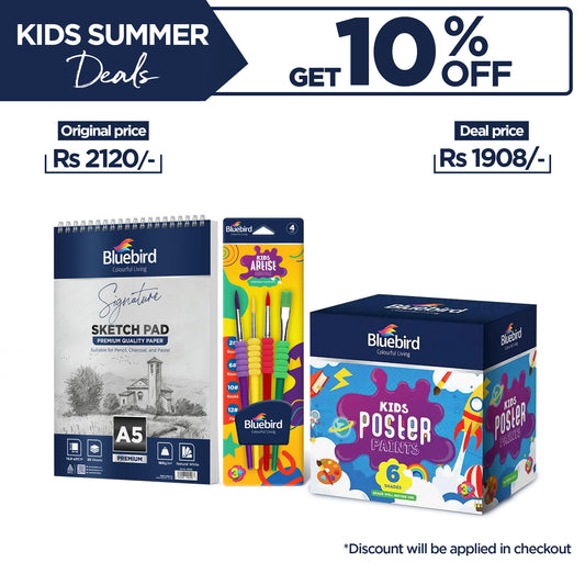 Kids Paint Brush Set of 4 + Kids Poster Paints 100 ml - Primary Colours Set of 6 + Sketch Pad A5.