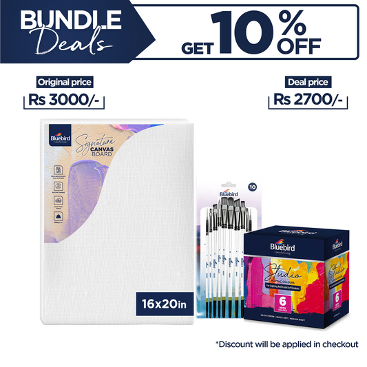 Signature Stretched Canvas (16 x 20) + Classic Mix Art Brush Set of 10 + Studio Acrylic Colours 100 ml - Set of 6 Primary